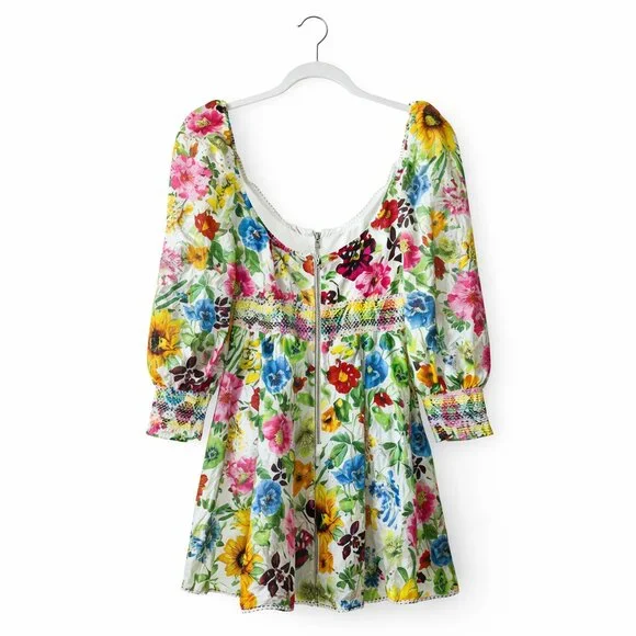 NWT Alice + Olivia Crawford Printed Mini Dress Floral Smocked Puff Sleeve size 8 - Picture 4 of 6
